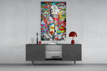 Graffiti glass wall art catching light to reveal its painted comic-bubbles