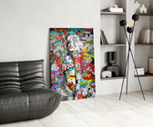 Pop-graffiti glass print bringing comic edge to a high-end bar