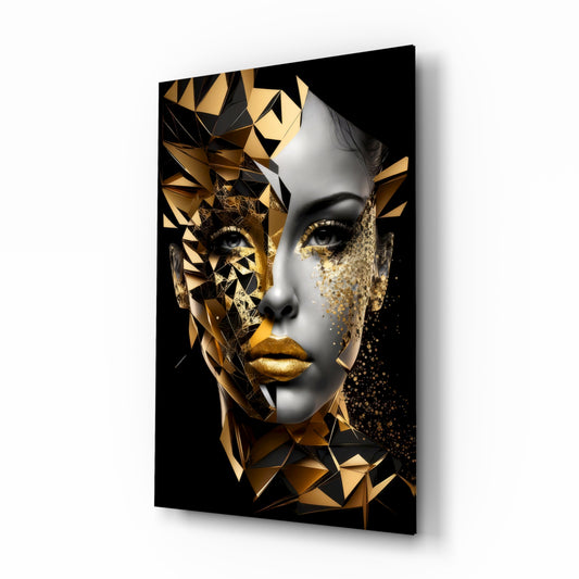 Golden Face glass wall art in a modern creative loft