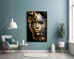 Golden Face artwork styled in a designer office interior