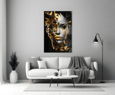 Close-up detail of gold-and-onyx polygon face behind glass