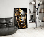 Modern-luxe glass print bringing polygon edge to a feminine living room