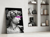 Pop-classical panel against a moody dark-painted accent wall