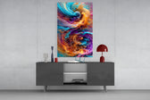 Color Dance glass wall art catching light to reveal its painted swirls