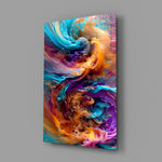 Fluid-art panel anchoring a master bedroom wall