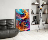 Fluid-art glass print bringing abstract edge to a feminine living room