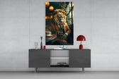 Lion Gentleman glass wall art catching light to reveal its painted pendant