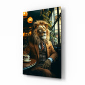 Lion Gentleman glass wall art in a modern study