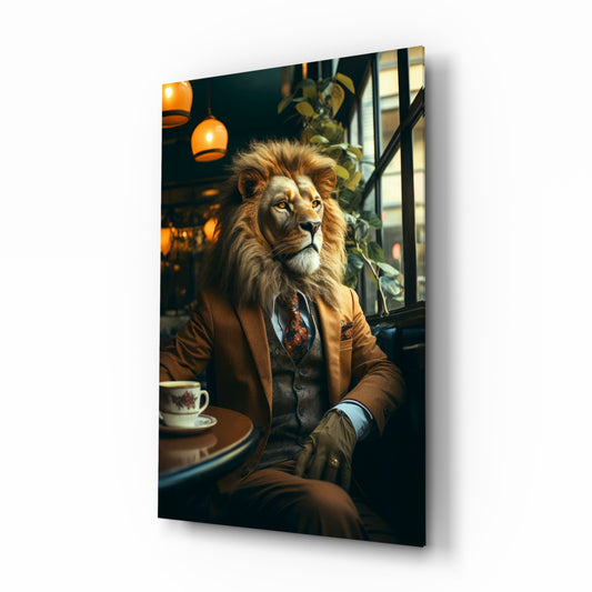 Lion Gentleman glass wall art in a modern study