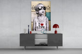 I Love Life glass wall art catching light to reveal its painted heart