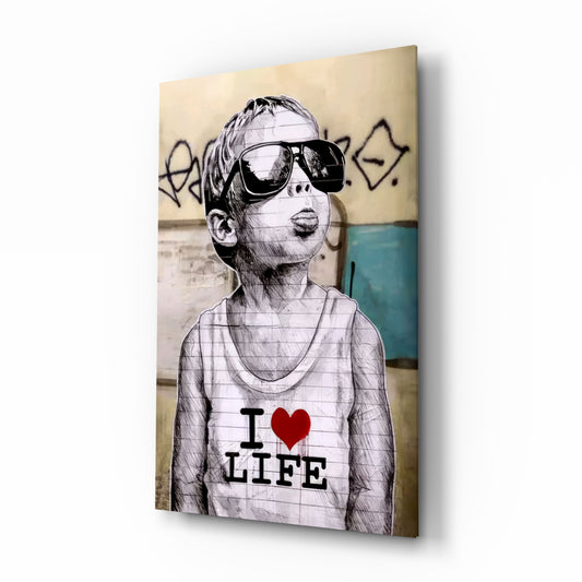 I Love Life glass wall art in a modern creative loft