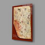 Cartography panel anchoring a home library wall