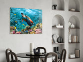Underwater glass print bringing tropical edge to a bathroom