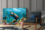 Underwater yatay panel against a sky-blue painted accent wall