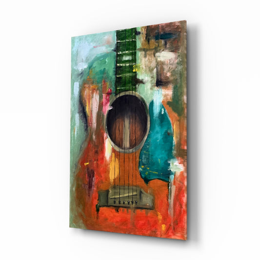 Guitar glass wall art in a modern music studio