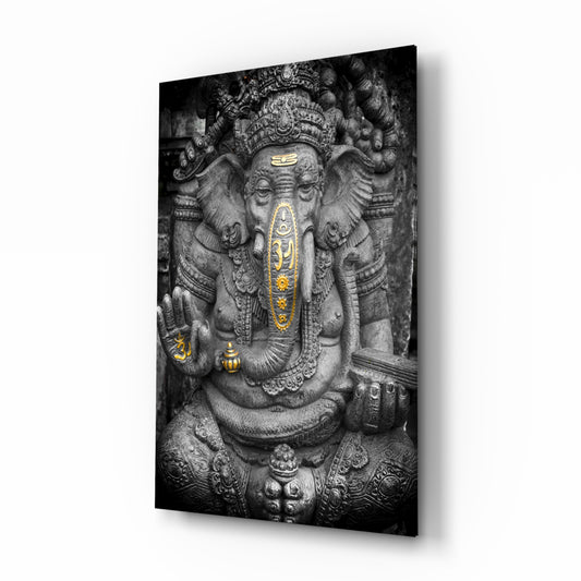 Ganesha glass wall art in a quiet meditation room