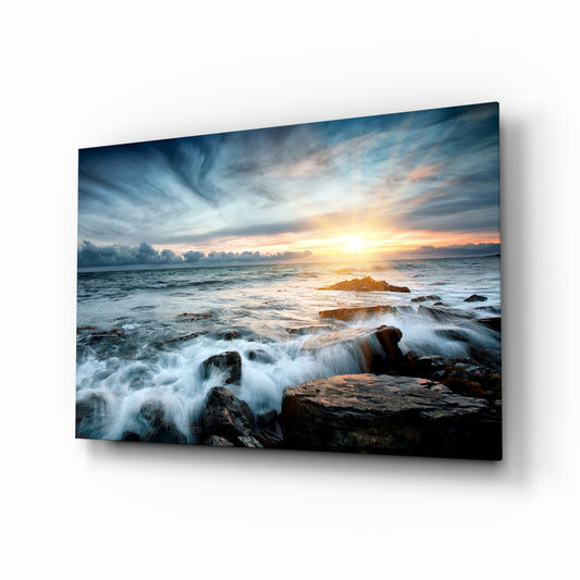 Sunset glass wall art in a modern coastal home