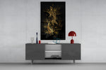 Ying Yang glass wall art catching light to reveal its painted gold