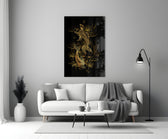 Close-up detail of gold-koi lotus pond behind glass