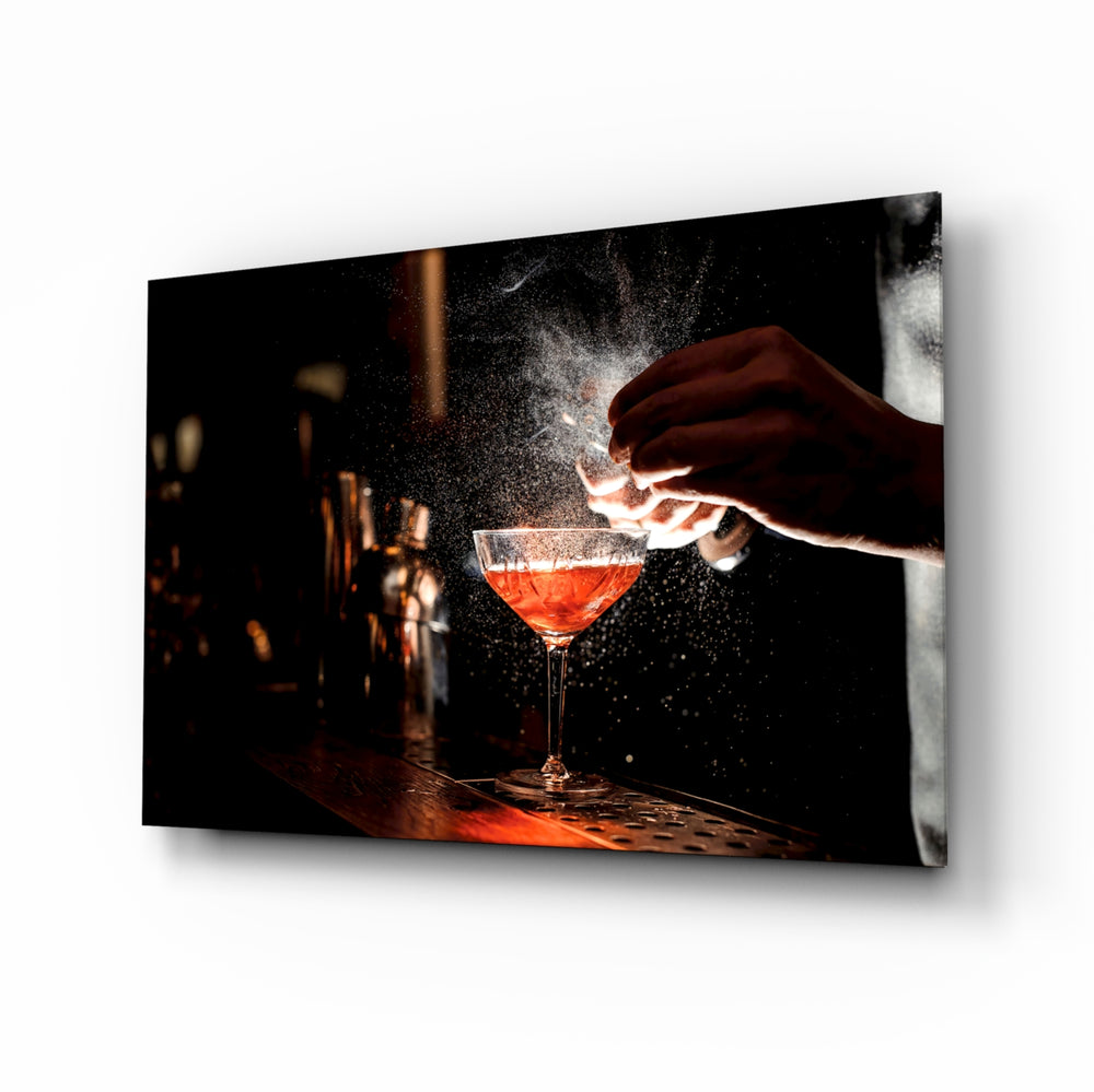 Cocktail glass wall art in a modern high-end bar
