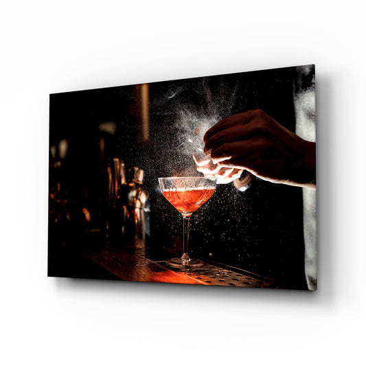 Cocktail glass wall art in a modern high-end bar