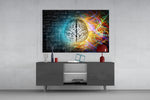 Brain glass wall art catching light to reveal its painted neon