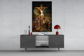 Jesus glass wall art catching light to reveal its painted storm