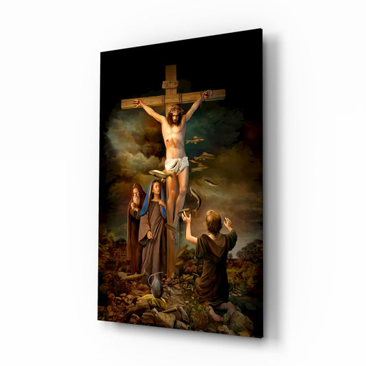 Jesus glass wall art in a modern study