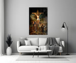 Close-up detail of surreal Crucifixion behind glass