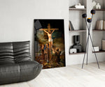 Sacred glass print bringing devotional edge to a designer office