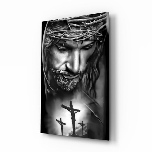 Jesus glass wall art in a modern study