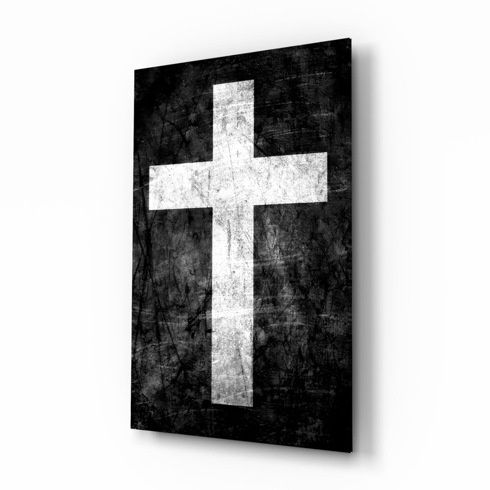 Cross glass wall art in a modern study