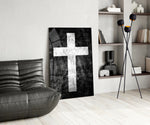 Sacred glass print bringing minimal edge to a moody bedroom