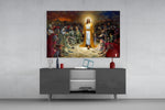 Jesus glass wall art catching light to reveal its painted halo