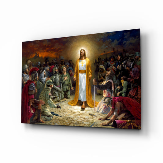Jesus glass wall art in a modern study