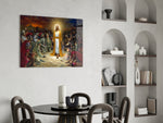 Sacred glass print bringing devotional edge to a designer office