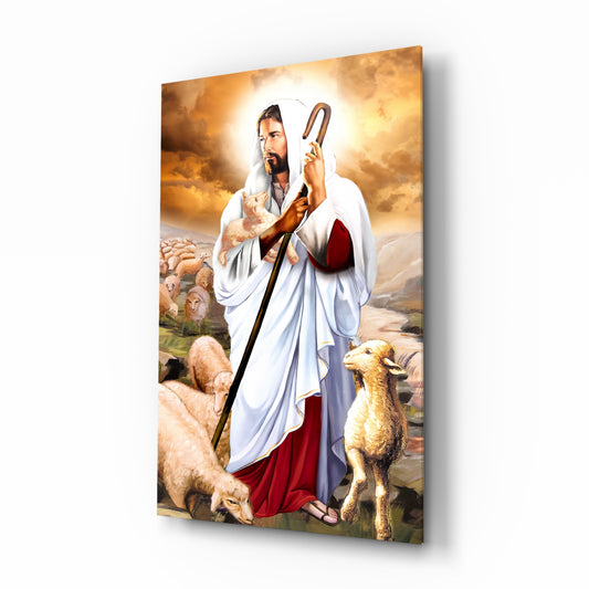 Jesus glass wall art in a modern study