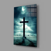 Sacred landscape panel anchoring a home library wall