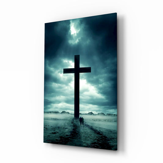 Cross glass wall art in a modern study