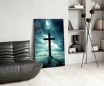 Sacred glass print bringing landscape edge to a moody bedroom