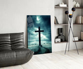 Sacred glass print bringing landscape edge to a moody bedroom