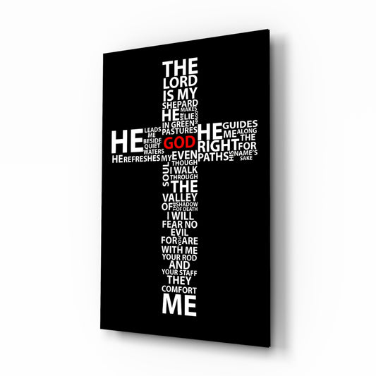 Cross glass wall art in a modern study