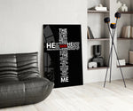 Sacred glass print bringing typography edge to a moody bedroom