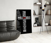 Sacred glass print bringing typography edge to a moody bedroom