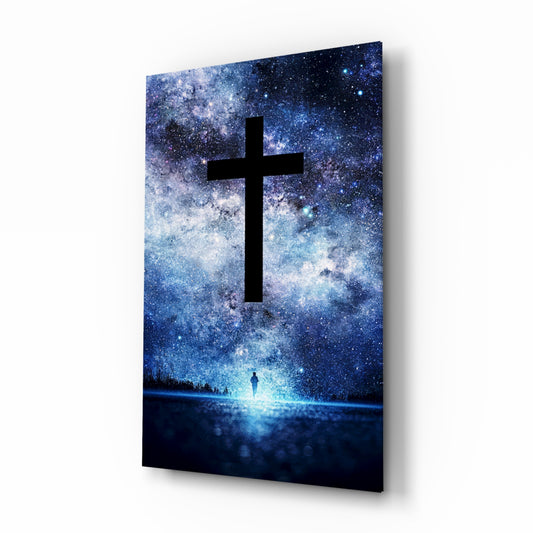 Cross glass wall art in a modern study