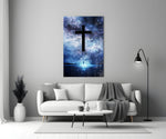 Close-up detail of milky-way cosmic cross behind glass