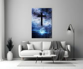 Close-up detail of milky-way cosmic cross behind glass