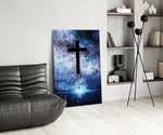 Sacred glass print bringing devotional edge to a moody bedroom
