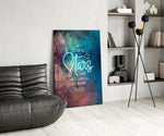 Scripture glass print bringing devotional edge to a quiet bedroom