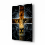 Lion glass wall art in a modern study